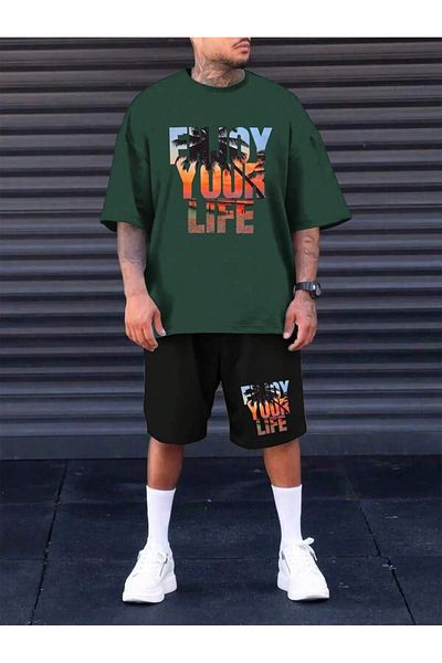 Hunors Sportswear & Company Απολαύστε τη ζωή σας με στάμπα πράσινο μπλουζάκι και μαύρο σορτς - Σετ κοστούμι με λαιμόκοψη