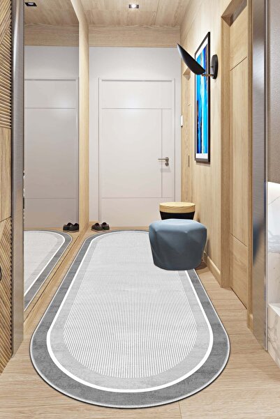 West Home Machine Washable Non-Slip Base Stain Resistant Oval Runner Gray Cutting Runner for Home Decoration