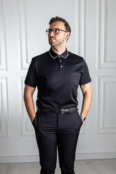 Sarar Μαύρο κλασικό μπλουζάκι με γιακά πόλο με τσέπη 100% Mercerized