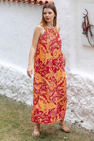Chiccy Red Coral - Long Fit Casual Dress with Straps and Allover Print