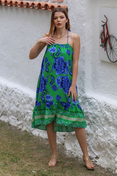 Chiccy Fustă cu volan albastru - verde rochie casual imprimată peste tot