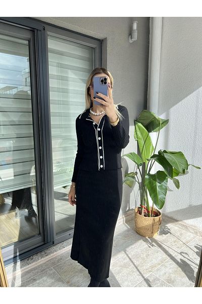 hot fashions بدلة مخططة بياقة بولو باللونين الأبيض والأسود - مضلعة
