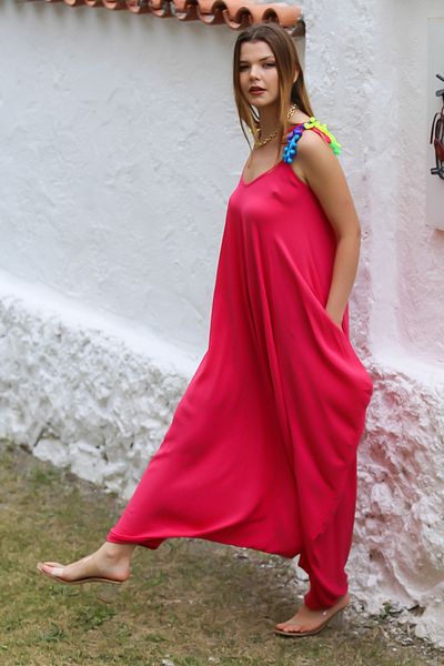 Chiccy Fuchsia V-Neck Oversize Pompom Shalwar Leg Jumpsuit - With Straps and Pockets