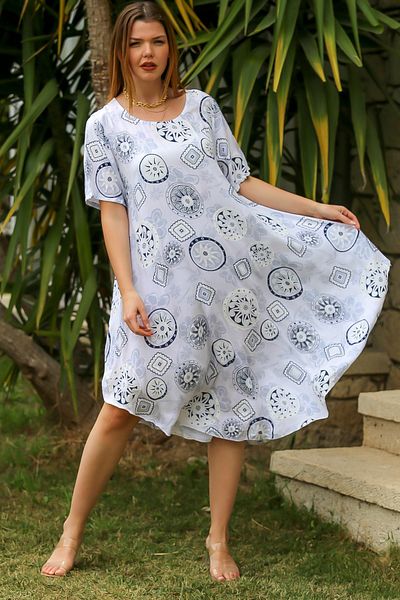 Chiccy Λευκή Οβάλ Φούστα με λαιμόκοψη V - Φόρεμα Casual με στάμπα