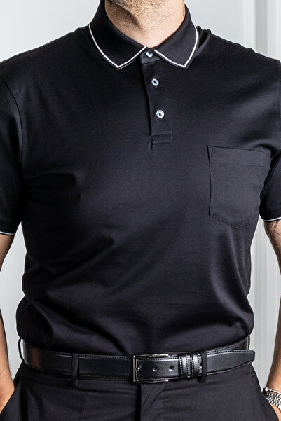 Sarar Μαύρο κλασικό μπλουζάκι με γιακά πόλο με τσέπη 100% Mercerized