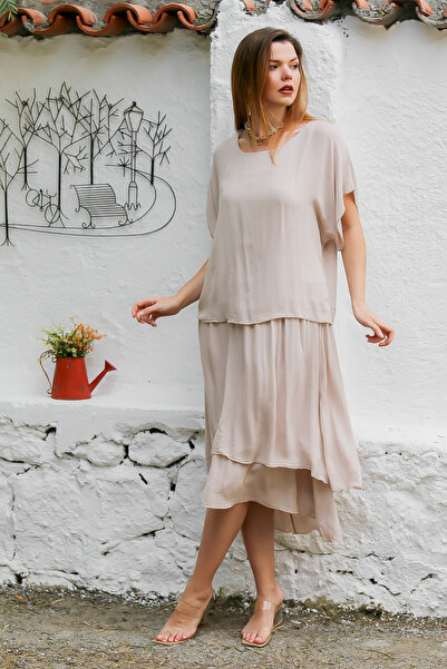 Chiccy Φόρεμα Camel Color Double Layer Boat Neck με χαμηλό μανίκι