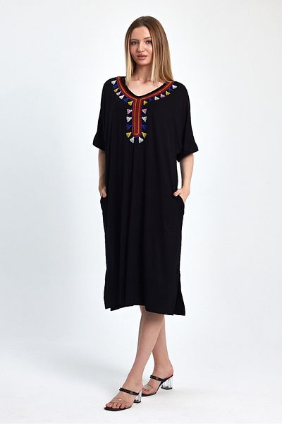 AYASOFYA OTANTIK Black Embroidered Women's Combed Cotton Dress