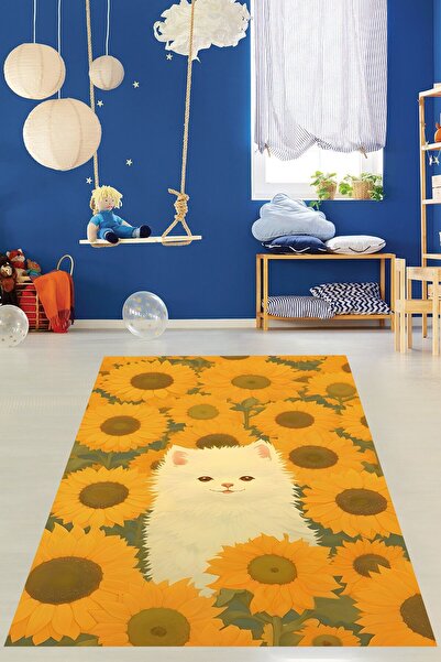 Pelangi Ayçiçekleri Arasında Sevimli Kedi Yıkanabilir Kaymaz Taban Leke Tutma...