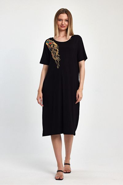 AYASOFYA OTANTIK Black Embroidered Short Sleeve Combed Cotton Dress for Women