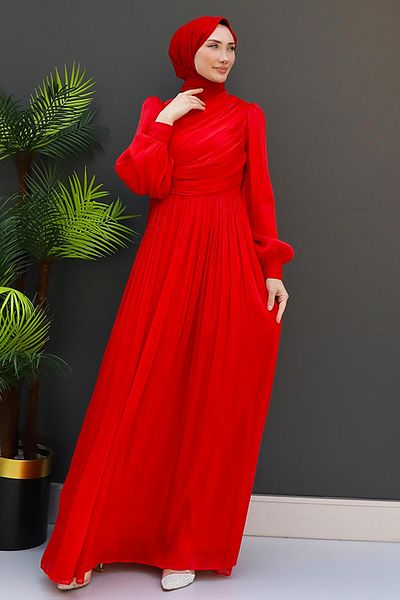GİZ AGİYİM Red Silk Hijab Dress