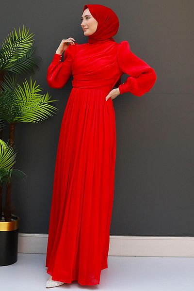 GİZ AGİYİM Red Silk Hijab Dress