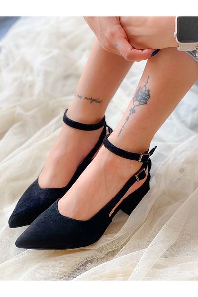 irmona Din piele intoarsa neagra - Sandale clasice cu toc mic si varf ascutit cu bretele