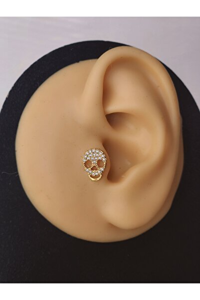 Eva Takı Kuru Kafa İskelet Skull ModelTragus Helix Piercing Ear Cuff Kıkırdak Çelik Küpe