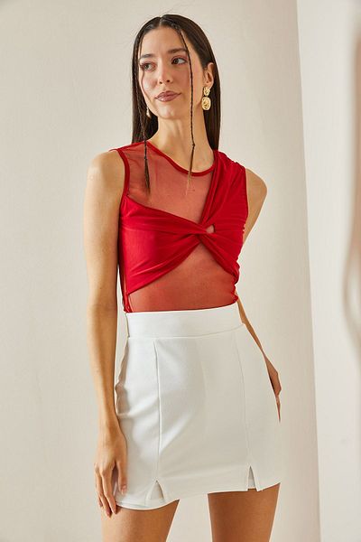 XHAN Red Crop Blouse - Transparent Detail, Model 5YXK2-48609-04