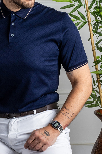 Sarar Κλασικό μπλουζάκι με μπλέ μπλέ μοτίβο με λαιμόκοψη Mercerized βαμβακερό