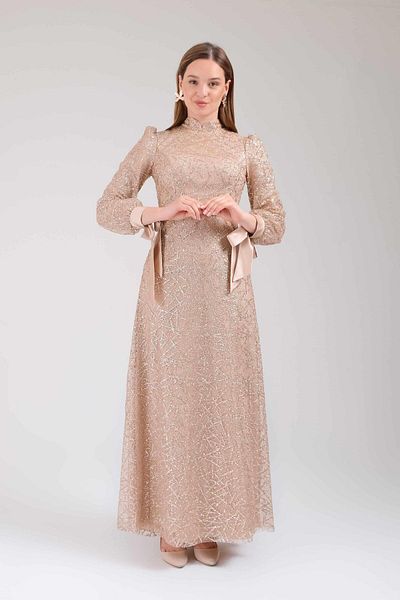 SpringStore Rochie de seară Hijab cu fundă argintie - Rochie cu mâneci aurii