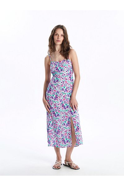 LC Waikiki Damenkleid mit Blumenmuster und herzförmigem Kragen – Träger