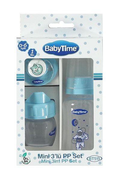 Babytime Mini 3-Piece PP Plastic Baby Bottle Set 0-6 Months - Blue