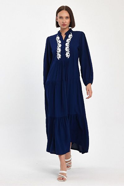 AYASOFYA OTANTIK Rochie de damă cu broderie bleumarin - rochie largi etnică autentică cu guler cu plăcuțe, mâneci lungi