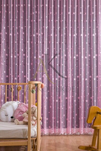 Karesi Pink Big Star Sparse Pleated Tulle Curtain