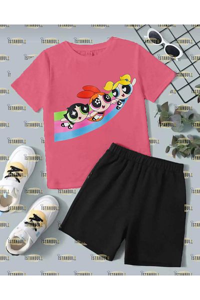 aynewmoda Set de tricouri și pantaloni scurți cu imprimeu Power Puff Girls
