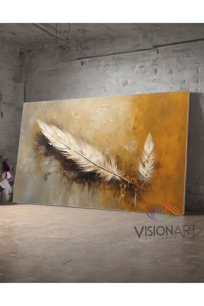 CANVASUM Διακοσμητικός καμβάς με χρυσή λεπτομέρεια με πούπουλα