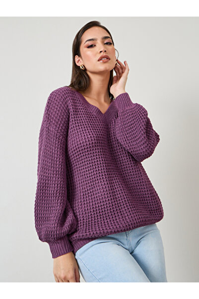 Styli Büyük Beden Kesim Kalın Örgü V Yaka Kazak