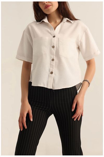hazelin Λινό πουκάμισο Oversize - Κρεμ, κοντό μανίκι, διπλή τσέπη, HZL24S-BD 1201801