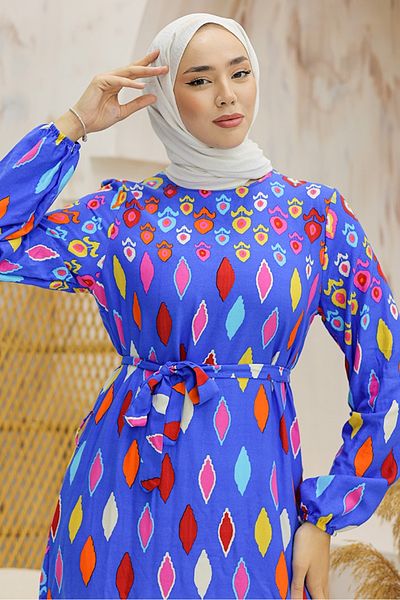 Bestenur Indigo Viscose Dress 943 - Mixed Color Woven