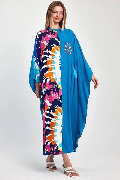 AYASOFYA OTANTIK Turquoise Curious Collar Loose Oversize Women's Dress - Buttoned