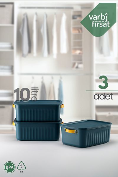 Varbifırsat Boxify Blue 10 Lt - 3 Pieces Organizer Box with Lid, Decorative Storage Organizer