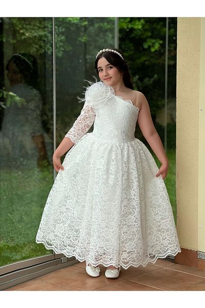 Sare Çocuk Giyim White Single Sleeve Laced Girl's Evening Dress