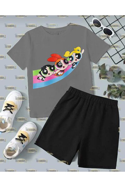 aynewmoda Set de tricouri și pantaloni scurți cu imprimeu Power Puff Girls