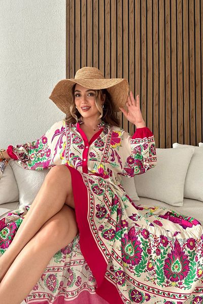 AYASOFYA OTANTIK Rochie lungă de damă cu imprimeu flori fucsia, cu guler cu plăcuță și detaliu cu mânecă cu balon