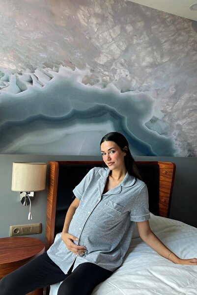 Mini Manhattan Design Gray 100% Cotton Short Sleeve Quality Natural Textured Maternity Daily Pajama Top