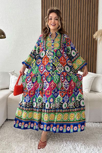 AYASOFYA OTANTIK Rochie de damă cu imprimeu etnic albastru-portocaliu-verde, cu nasturi, guler cu plăcuță, mânecă lungă cu balon