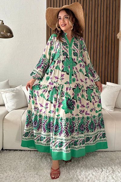 AYASOFYA OTANTIK Water Green Floral Print - Button and Balloon Sleeve Long Dress for Women