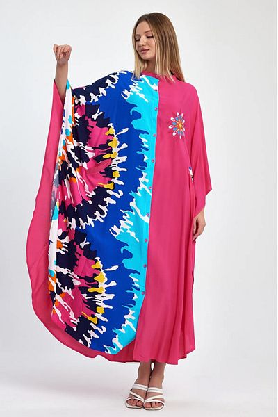 AYASOFYA OTANTIK Rochie lungă supradimensionată pentru femei, cu guler fucsia albastru - Design lejer cu nasturi