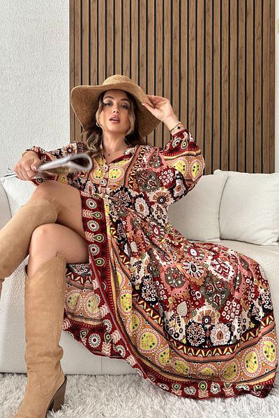 AYASOFYA OTANTIK Burgundy Khaki Powder Mix - Buttoned and Placket Collar Ethnic Patterned Balloon Sleeve Long Women's Dress