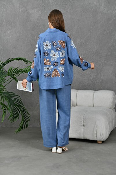 Miss Allos Σετ λινό κιμονό μπουφάν και παντελόνι - παγιέτα κεντημένη στην πλά...