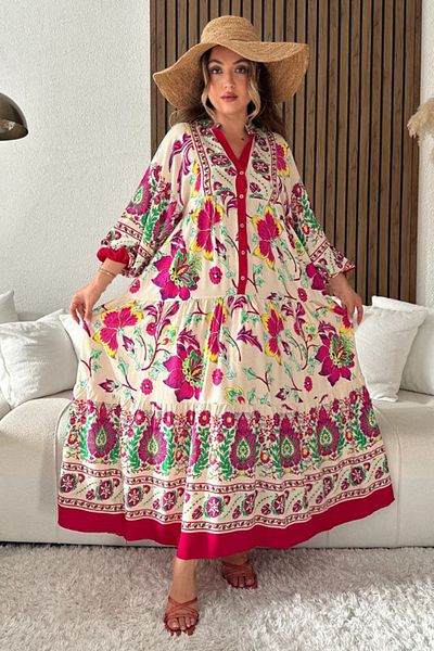 AYASOFYA OTANTIK Rochie lungă de damă cu imprimeu flori fucsia, cu guler cu plăcuță și detaliu cu mânecă cu balon