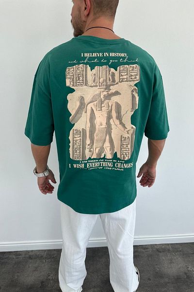 MADZEYMODA Ανδρικό T-Shirt Petrol Green Oversize - Crew Neck, Back Printed