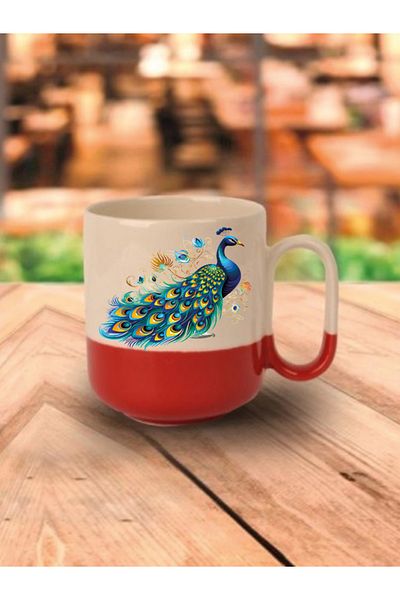 lili hediyelik Ceramic Tea and Coffee Cup with Red Base and Peacock - Gift for Lover