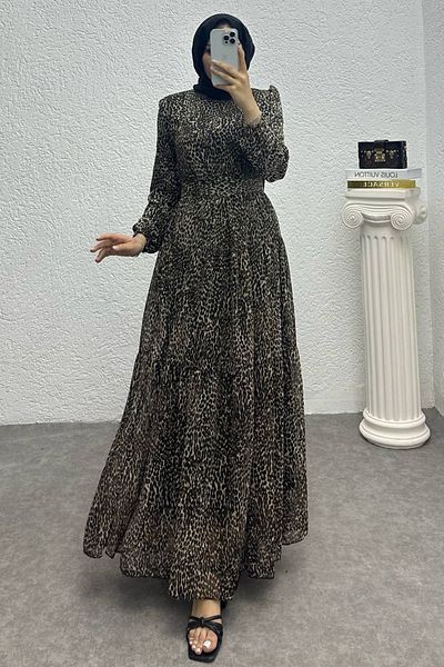 Neşeli Butik μοτίβο λεοπάρ ζώνη χιτζάμπ φόρεμα - NMS006