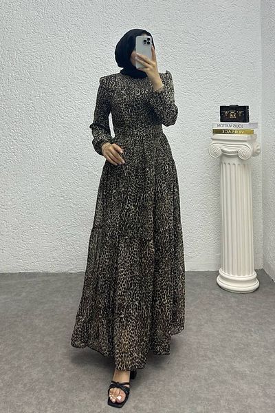 Neşeli Butik μοτίβο λεοπάρ ζώνη χιτζάμπ φόρεμα - NMS006