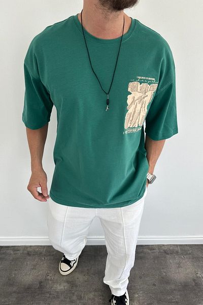 MADZEYMODA Ανδρικό T-Shirt Petrol Green Oversize - Crew Neck, Back Printed