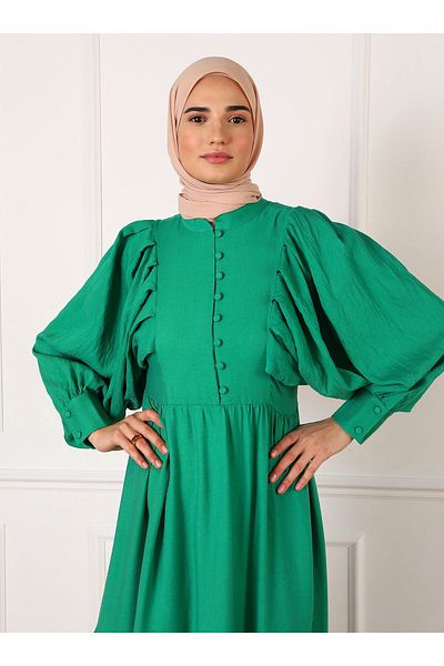 Refka Brit Button Detailed Bat Sleeve Hijab Dress - Grass Green - Refka