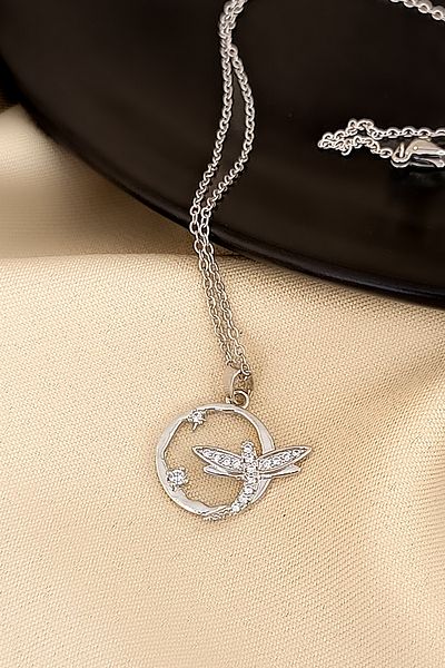 COSİTA Dragonfly Minimalist Nature Theme Silver Necklace with Zircon Stone