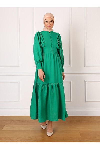 Refka Brit Button Detailed Bat Sleeve Hijab Dress - Grass Green - Refka