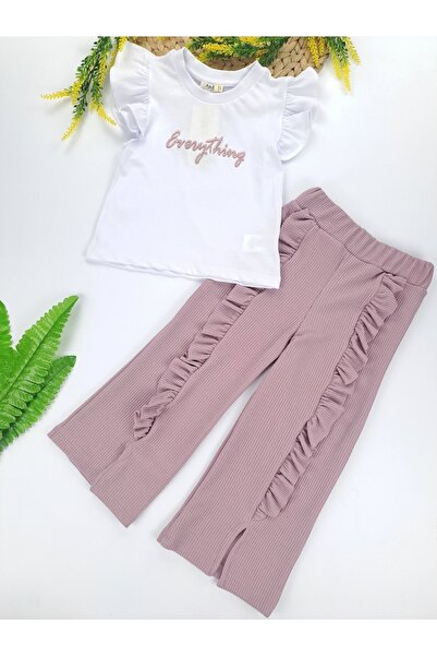 Butik Kız Çocuk Yazlık Mor Ikili Takım Pantolon Fitilli Kumaş Tişort Kollar F...